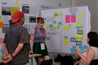 Drei Personen unterhalten sich vor einer Wand mit vielen bunten Post-Its