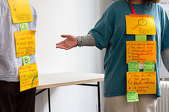 Zwei Personen stehen nebeneinander, an ihren Oberkörpern hängen jeweils drei gelbe Schilder mit Schrift