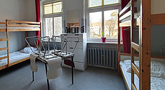 Blick in ein Zimmer mit zwei Hochbetten