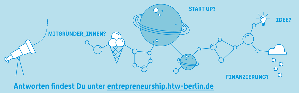 Schriftgrafik: Mitgründer*innen? Start-up? Idee? Finanzierung? Antworten findest du unter entrpreneurship.htw-berlin.de