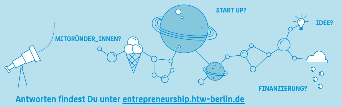 Schriftgrafik: Mitgründer*innen? Start-up? Idee? Finanzierung? Antworten findest du unter entrpreneurship.htw-berlin.de