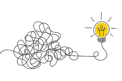 Illustration: Fadengewirr führt zu einer Glühbirne