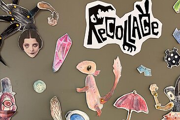 Logo "Recollage" und Illustrationen aus dem Spiel, präsentiert im Rahmen der Werkschau 2026 (Foto HTW Berlin/Anja Schuster)