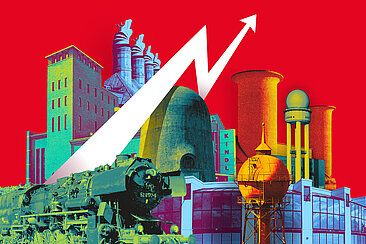 Keyvisual des Festivals der Industriekultur: Bunte Industriedenkmaäler auf rotem Grund, dazwischen ein weißer Blitz © bzi